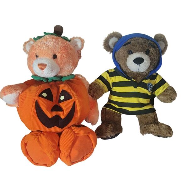 Build a Bear Set Of 2 Halloween Festive Fall Teddy 2004 Pumpkin Rugby Bearemy - Picture 1 of 9